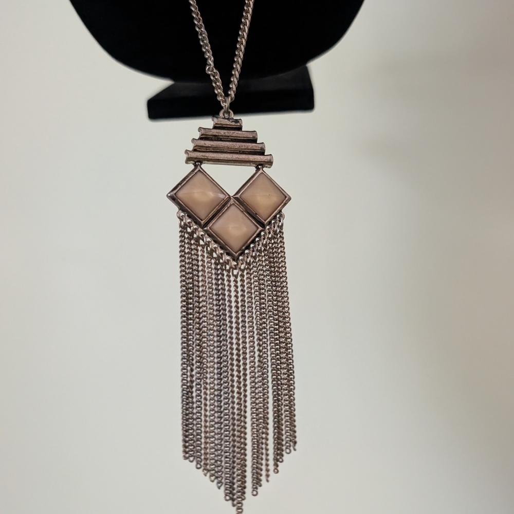 GoldTone Fringe Pendant Necklace with Beige Stones